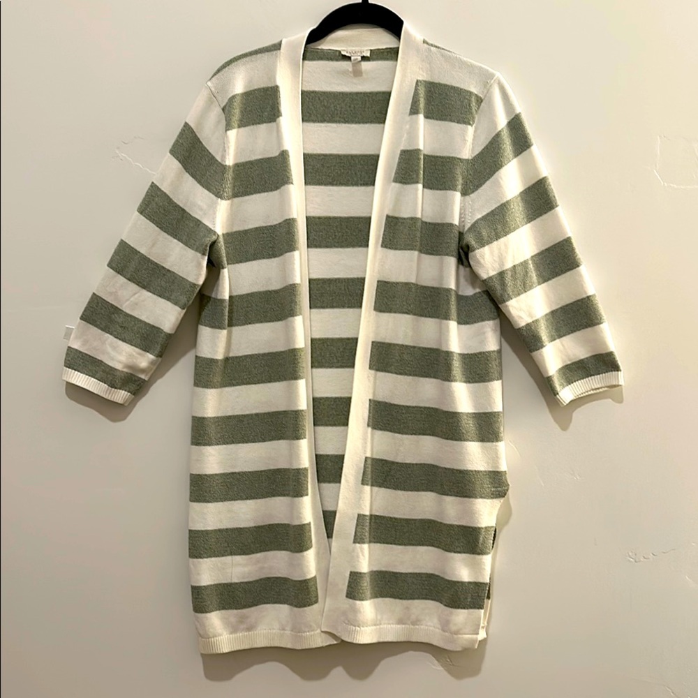 Talbots Open Front Duster Cardigan Sweater; Striped Green/White Medium Petite